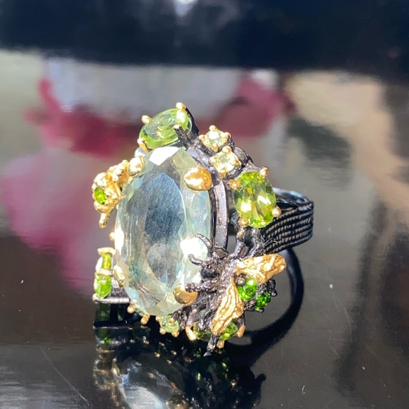 Intricate Genuine Green Amethyst Ring with Gems - Picture 13 of 17